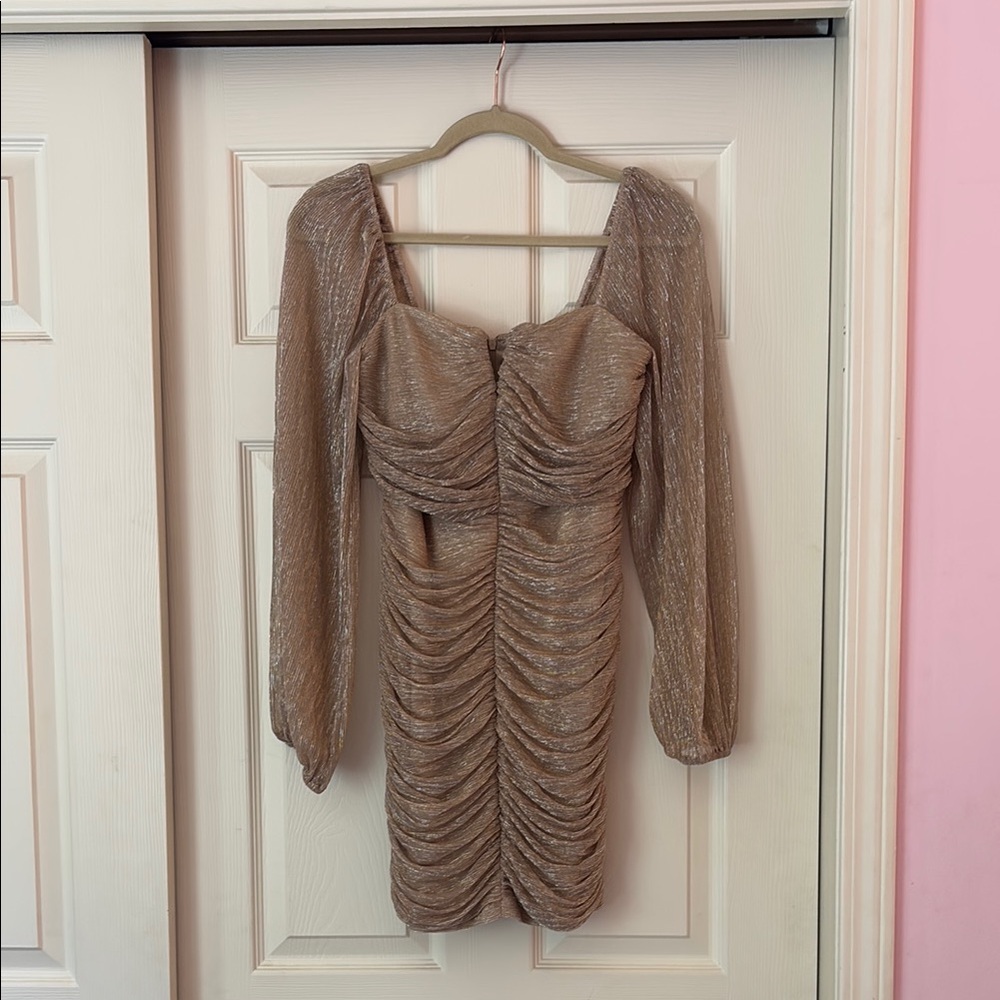 BCBGeneration Gold Ruched Dress with Puff Sleeves